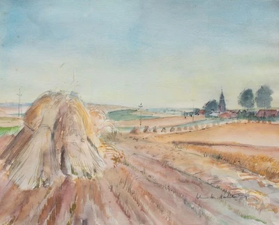 Gerhard Schulte-Dahling Heuhaufen Kornfeld Expressionismus signiert Aquarell - Bild 1 von 4