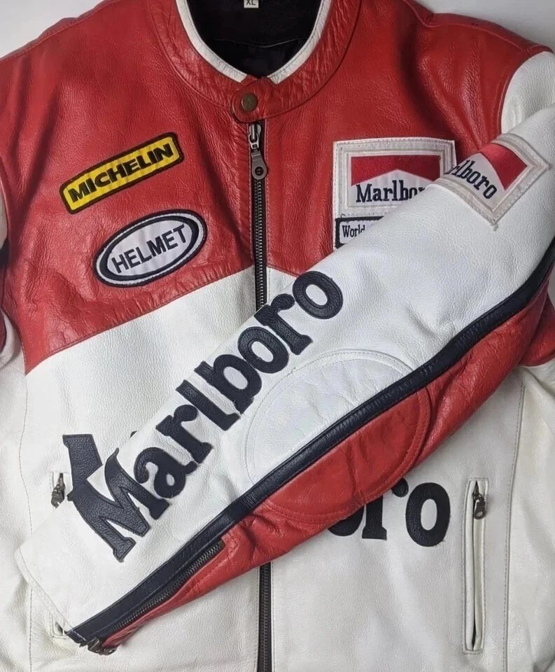 Vintage Style Racing Jacket Red & White Edition Cowhide Leather Biker Jacket image 2