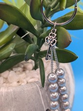 Handmade Silver Tone Grey Key Faux Pearl Beaded Bag/Purse Charm Keychain