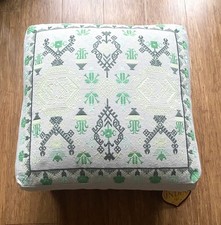 Embroidered Multi Green Aztec & Studded Footstool With Wooden Legs 40cm X 40cm