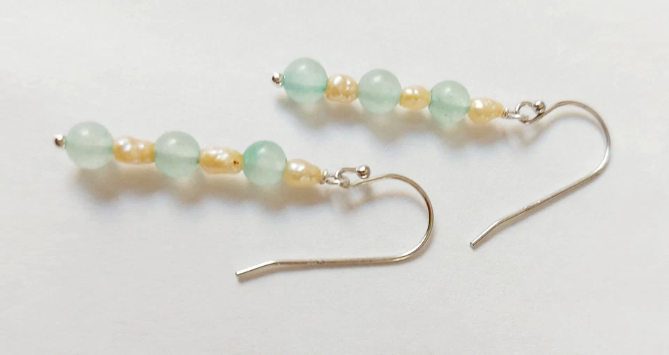 Orecchini pendenti in argento 925 con pietre avventurina e perle di acqua dolce  - Immagine 4 di 4