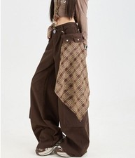 Womens Brown Cotton Straight Leg Loose Fit Mixed Plaid Pockets Pants Punk Hippie