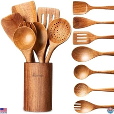 Premium 8-Piece Wooden Cooking Utensil Set - Natural Wood Tools with Holder