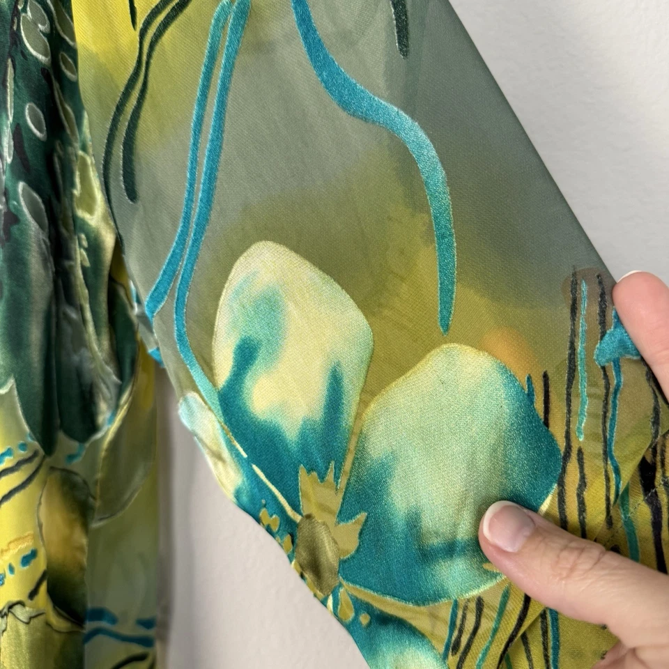 Velvet Burnout Floral Button Up Blouse Womens Large Green Artsy Maximalism Party - Image 3 of 4