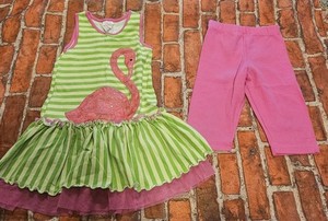 Molly & Millie Girls Flamingo Dress Capri Pants Set Size 4T Green Pink Stripe