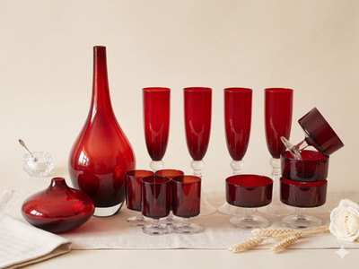 Luminarc Rubinrot Kavalier Glaswaren Set 14tlg MCM Vase Sektflöten Weinset