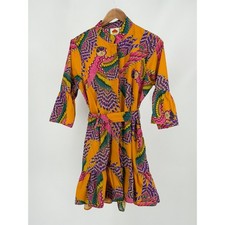 Farm Rio Macaw Parrot Mini Dress Womens L Yellow Belted Ruffle Tropical