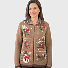 VTG OHI Sweater Cardigan Medium Brown Zip Front Wool Blend Holiday Winter Birds