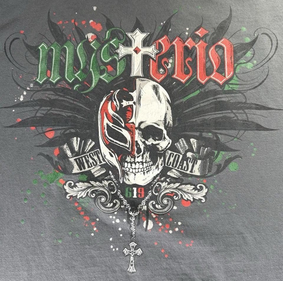 复古 Rey Mysterio T 恤 2XL 2007 正品西海岸 619 灰色双面 Y2K — 第 3/4 张图片