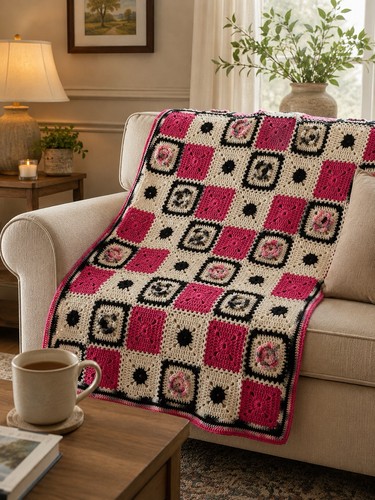 Crochet Grannycore Square Floral Rose 3D Afghan Baby Throw Blanket 62x45