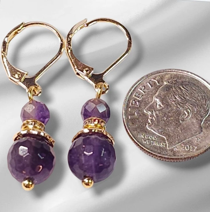 Pendientes de piedras preciosas de amatista oro colgante palanca piedra de nacimiento de febrero hechos a mano Foto 3 de 3