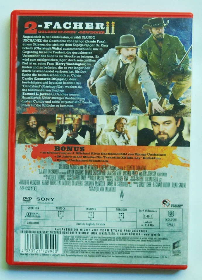 DVD DJANGO UNCHAINED Quentin Tarantino Foxx Waltz DiCaprio Jackson Bonus NEUWERT - Bild 2 von 3