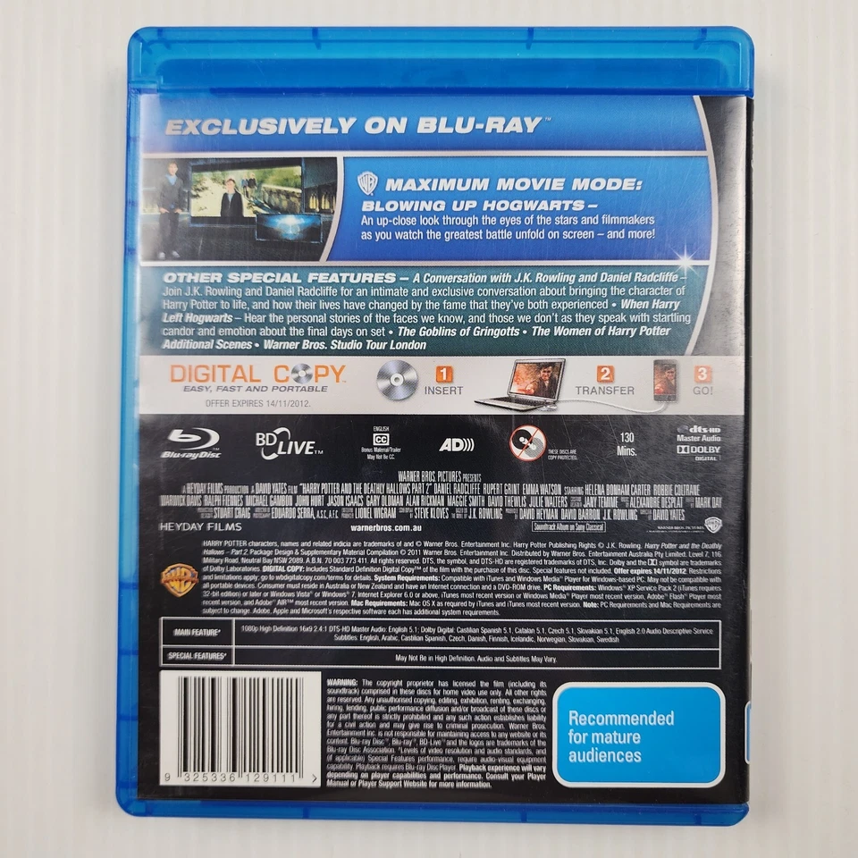 Harry Potter and the Deathly Hallows Part 2 Blu-ray - Region B - TRACKED POST - image 2 of 4