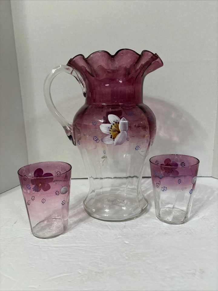 Antique Victorian Ruby Flash Glass Pitcher and 2 Matching Glasses Hand Painted - Image 4 of 4