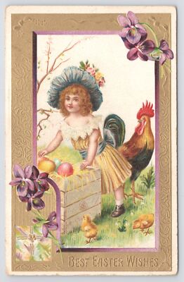 Easter~Girl In Lg Bonnet Finds Eggs~Hen & Chicks Watch~Gold Border~Emboss~Vtg PC