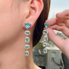 Women Gold Plated Blue Geometric Cubic Zirconia Long Dangling Drop Earrings Gift
