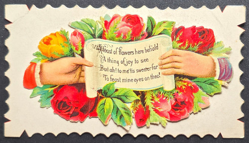 Victorian Die Cut Trade Card Hands & Flowers Scroll Verse 1800s Ephemera