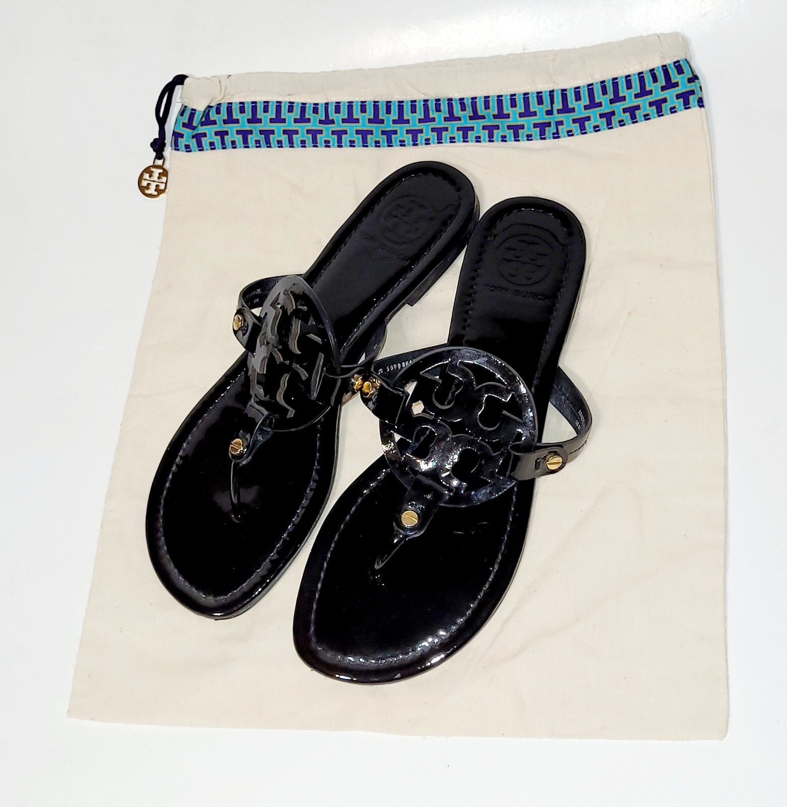 Tory Burch Miller Sandals Logo Black Patent Leather Thong FlipFlop Flats Wms 10M thumbnail 18