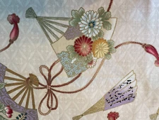 Colorful Japanese Fans and Flowers on Beige Background   OOP 16 inches Rare