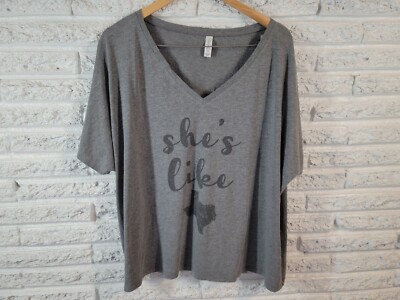 She s Like Texas Women's 2XL Gray V-Neck T-Shirt Short Sleeve Plus Size 2X Top