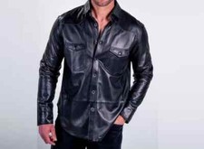 Handmade Stylish BLACK Real Lambskin Casual Men's Leather Shirt Biker Motorcycle