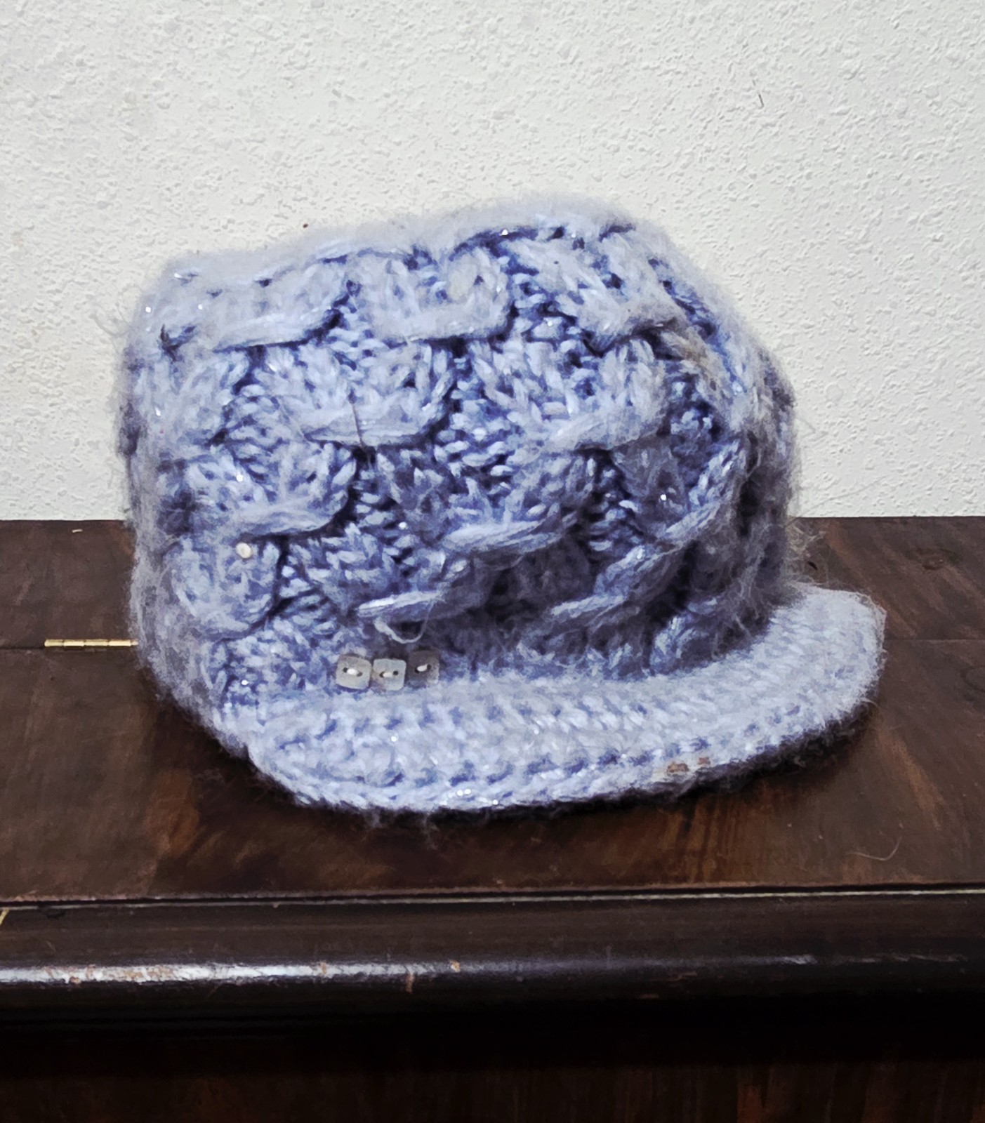 Women's Light Blue Knit Hat With Bill And White Cloth Lining Size M