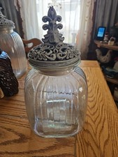Vintage Baroque Jar Dramatic Metal Looking Lid Accented With Flor De Lis 12.5"