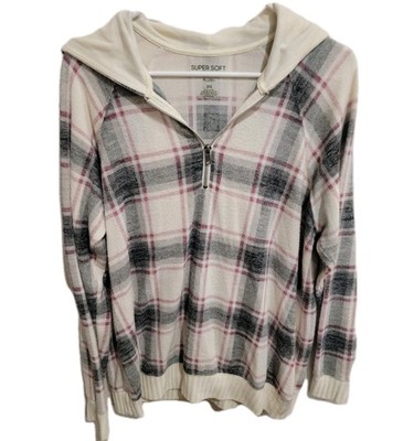 Torrid Super Soft Plush Women's 00 Plaid 1/4 Zip Hoodie Cream Pink Gray Lounge