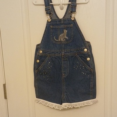 Faded Glory Girls 5T Denim Jumper Dress 100% Cotton Cat Rhinestone Lace Hem Blue
