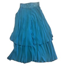 Vintage 1970s Boho Gypsy Peasant Maxi Skirt 10 Teal Blue Tiers Embroidered Fairy