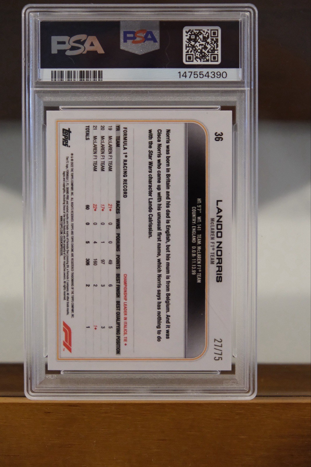 2022 Topps Chrome F1 Lando Norris #36 Pink RayWave /75 PSA 9 McLaren view 2