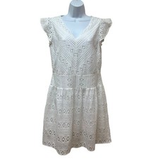 LOFT White Eyelet Shift Mini Ruffled Sleeve Short Dress Size 10 Petite NEW