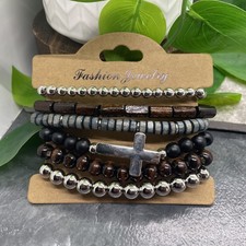 6 PC Handmade Boho Wood Bead Stackable 7  Plus Stretch Charm Bracelet Set B8419