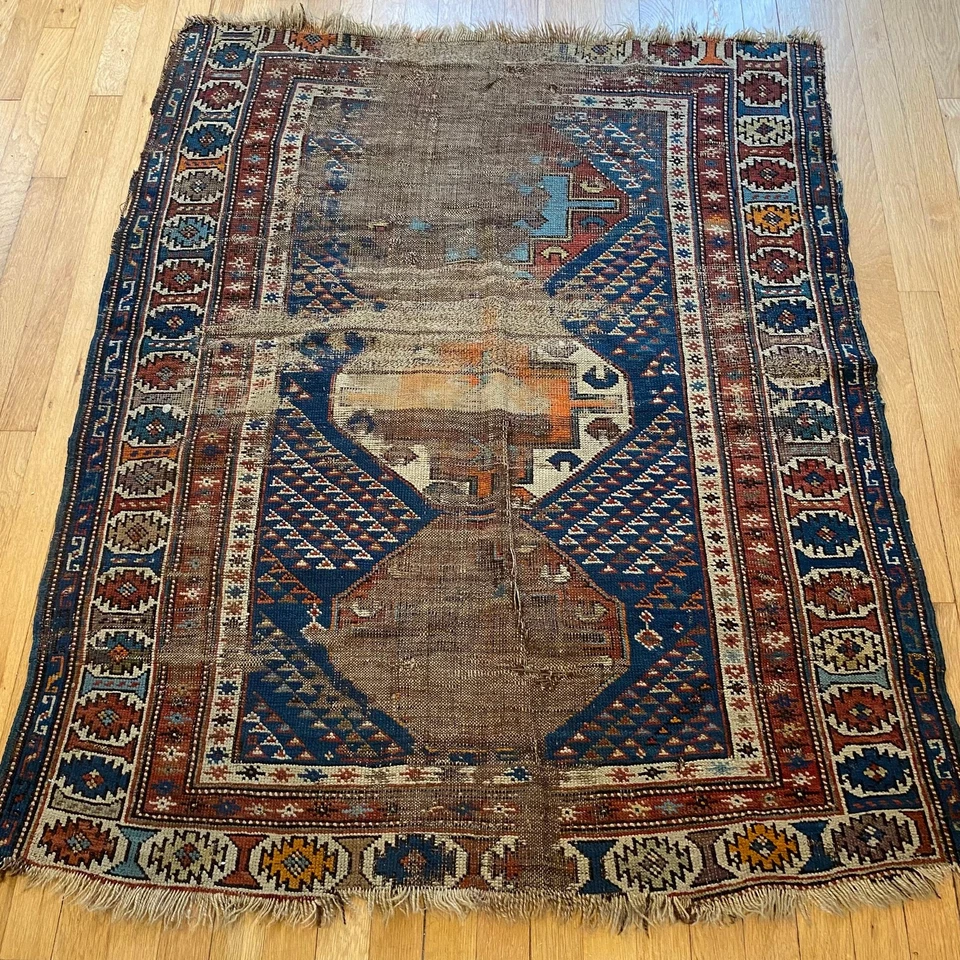 Vintage Rug 3' 8 x 4' 9 Blue Hand Knotted Worn Caucasian Oriental Rug - Image 2 of 4