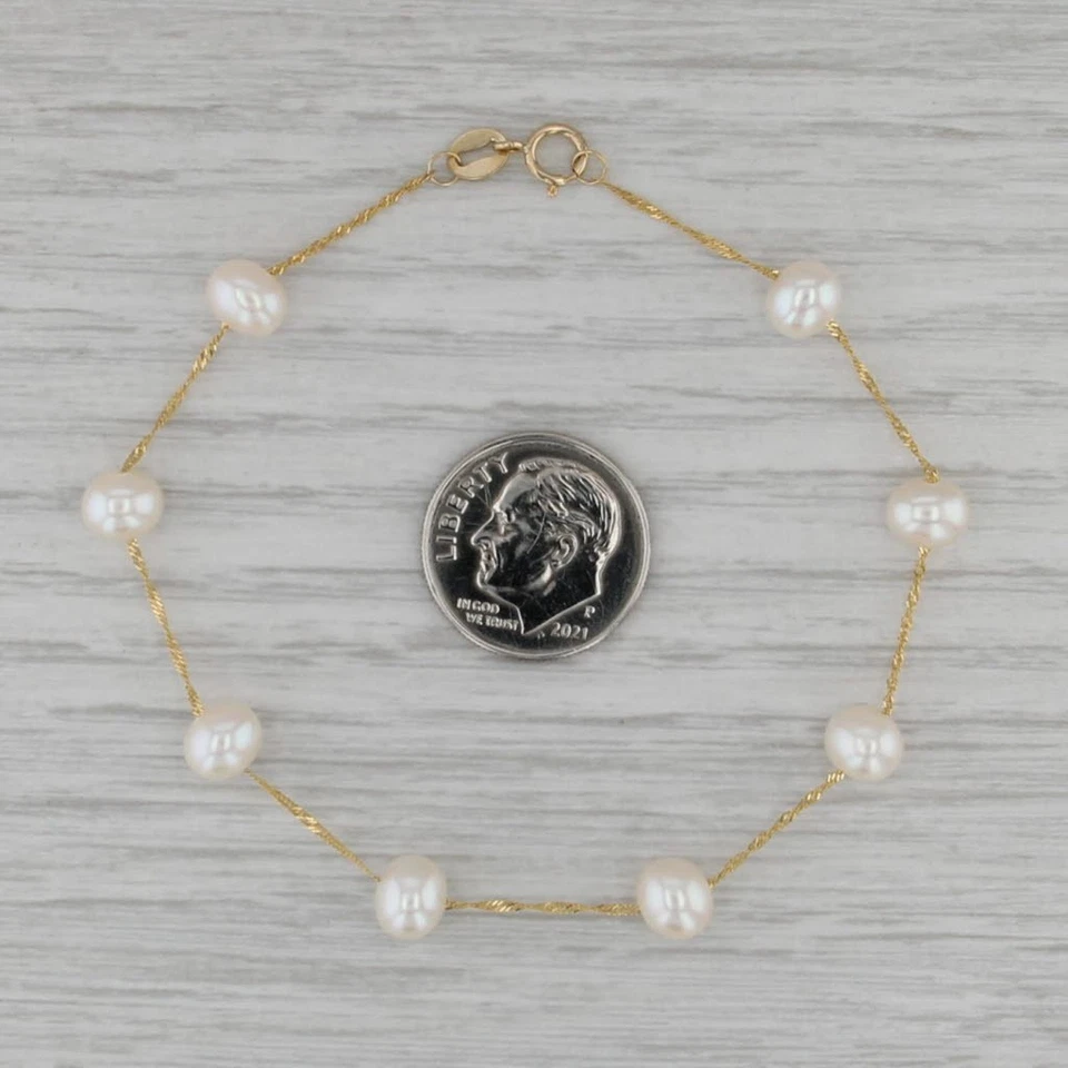 Pulsera Estación Perla Cultivada Oro Amarillo 14k 6.75" Cadena Singapur Foto 3 de 4