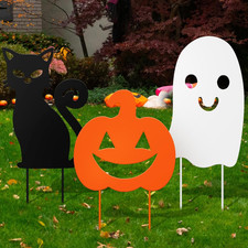 3 Pack Halloween Outdoor Metal Garden Stakes - Ghost, Pumpkins, Black Cat Signs