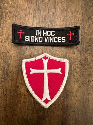 2pc lot IN HOC SIGNO VINCES Templar Hook & Loop Patch *NEW FULL COLOR*