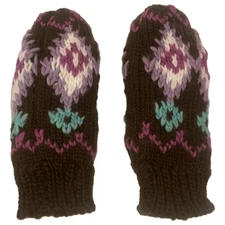 Girls Brown & Purple Knit Geometric Print Mittens Fleece Lined 4-7