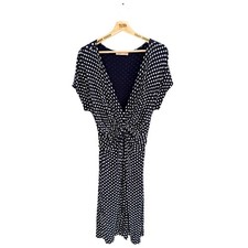 Ladies Navy Spotty Dress V Neck Short Sleeved Knee Length Stretch Size 20