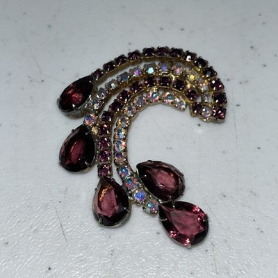 Vintage 1950s Amethyst & Aurora Borealis Rhinestone Crescent Swirl Brooch