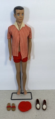 VTG Original 1960 Mattel USA Brunette Ken Doll W/ Outfit & Sandals & Stand