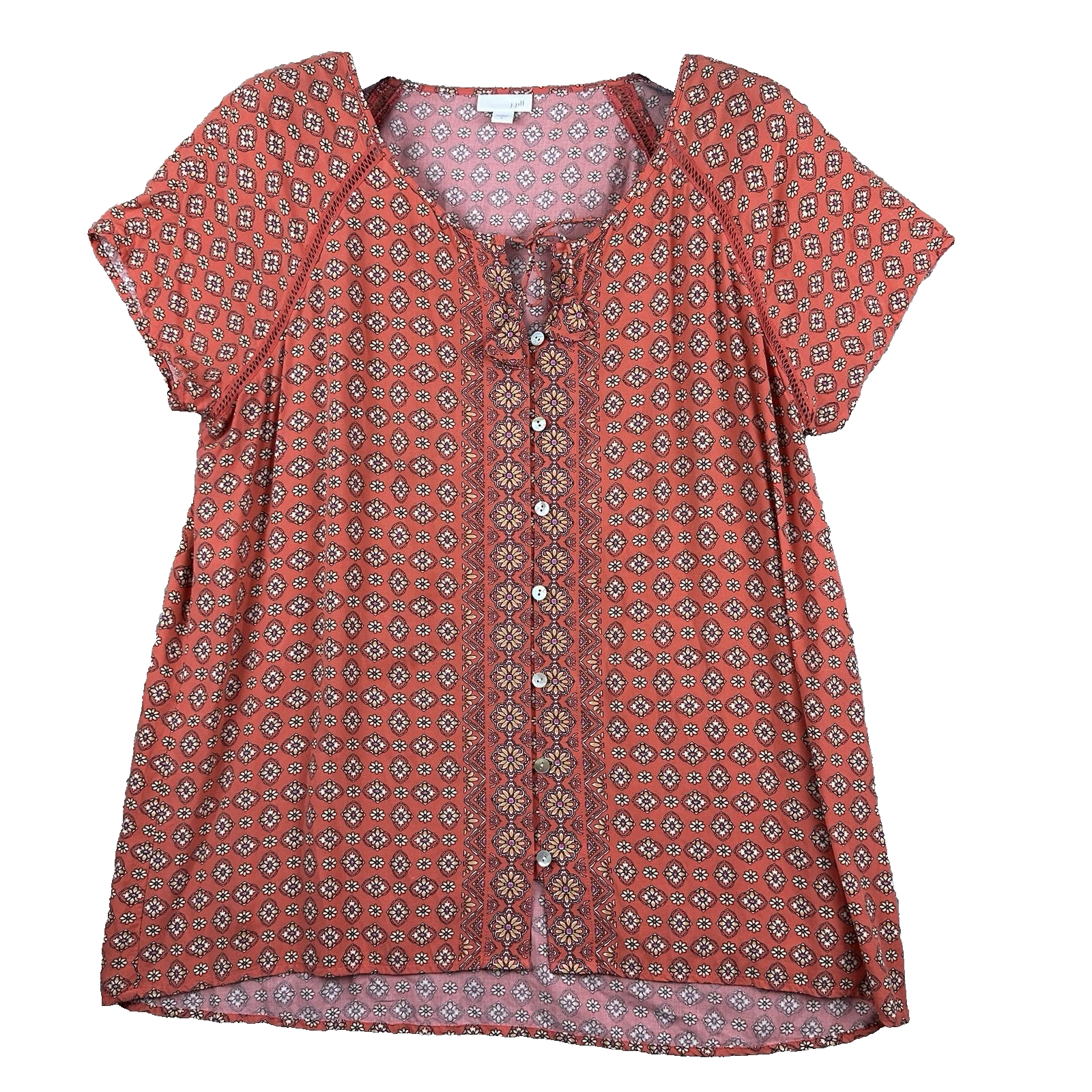 J.Jill Womens L Orange Floral Print Boho Peasant Blouse Rayon Button Front Tunic