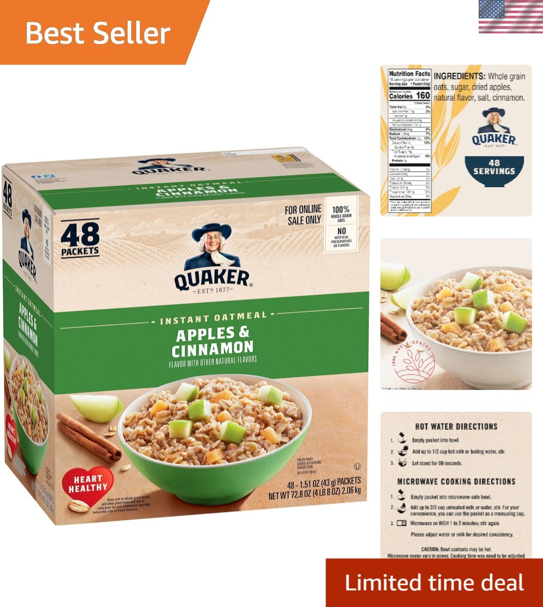 Instant Oatmeal 48 Packets - Apples & Cinnamon Flavor, Flaked Whole ...