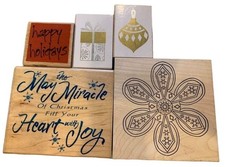 Wooden Christmas Rubber Stamp Lot Ornate Flower Happy Holidays Religious Sentime