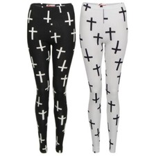 Women Ladies Elastic Waist Band Bodycon Cross Print Full Length Legging