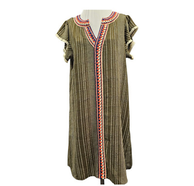 THLM Womens Dress Tunic Top Pullover Short Sleeve Embroidered Lined Green Sz Lg