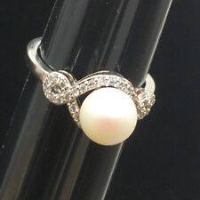 Faux Pearl Ring Silver Tone Rhinestone Halo Accents Sz 6.5