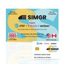 SIMGR 6GB 90-Day 4G Data SIM Card Compatible with AT&T T-Mobile Verizon