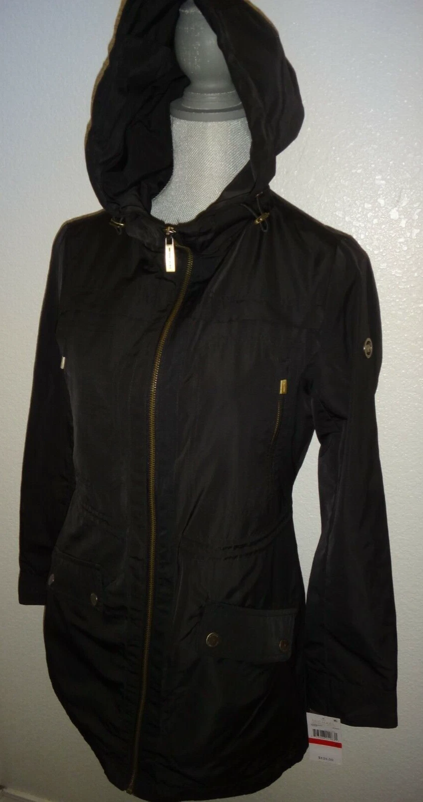MICHAEL KORS Trench Cappotto Donna MK Zip con Cappuccio Nero Poliestere Taglia S M L