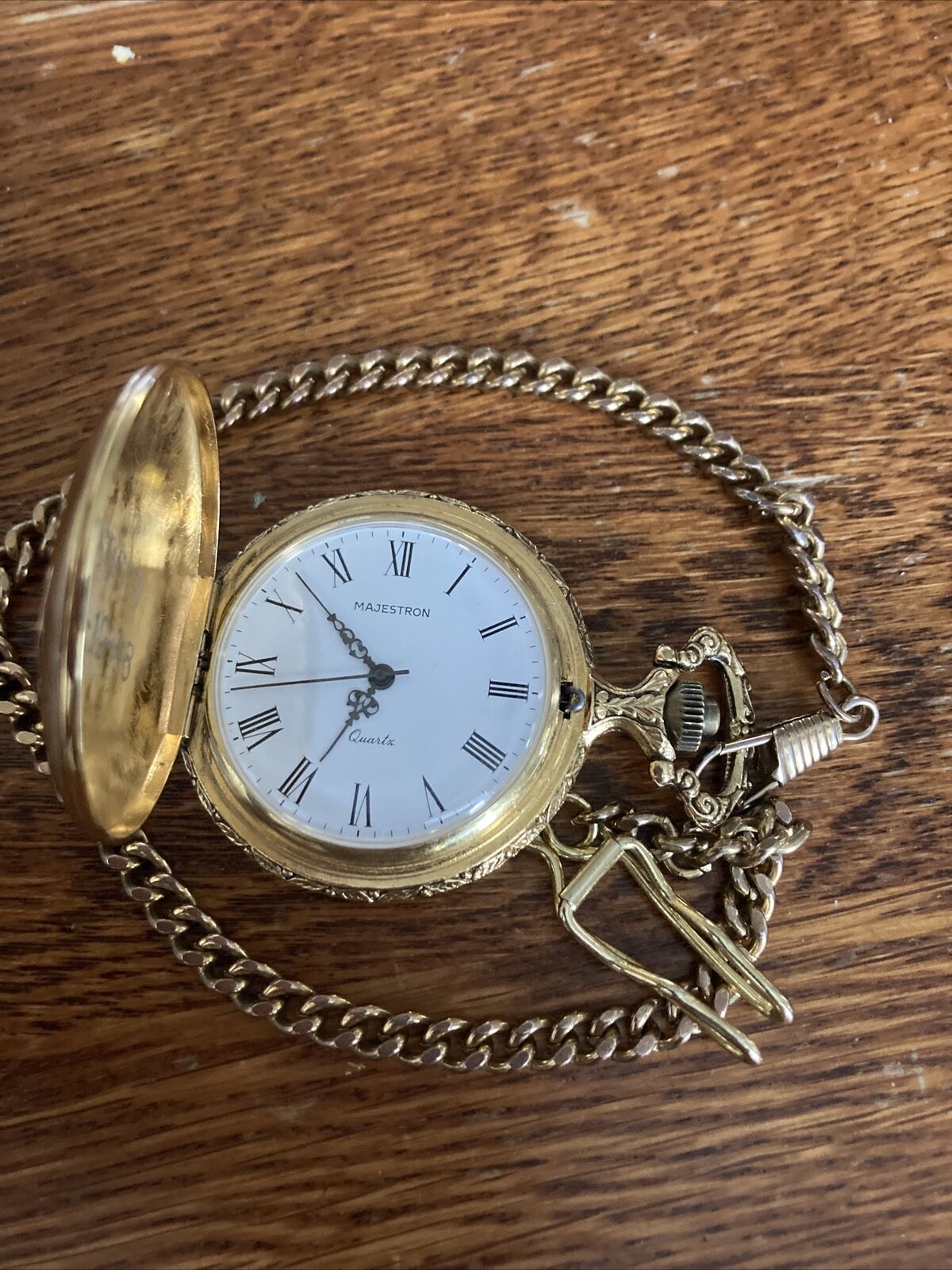 Majestron Swiss Made  Quartz Pocket Watch, With Chain, Sold As Is With No Return